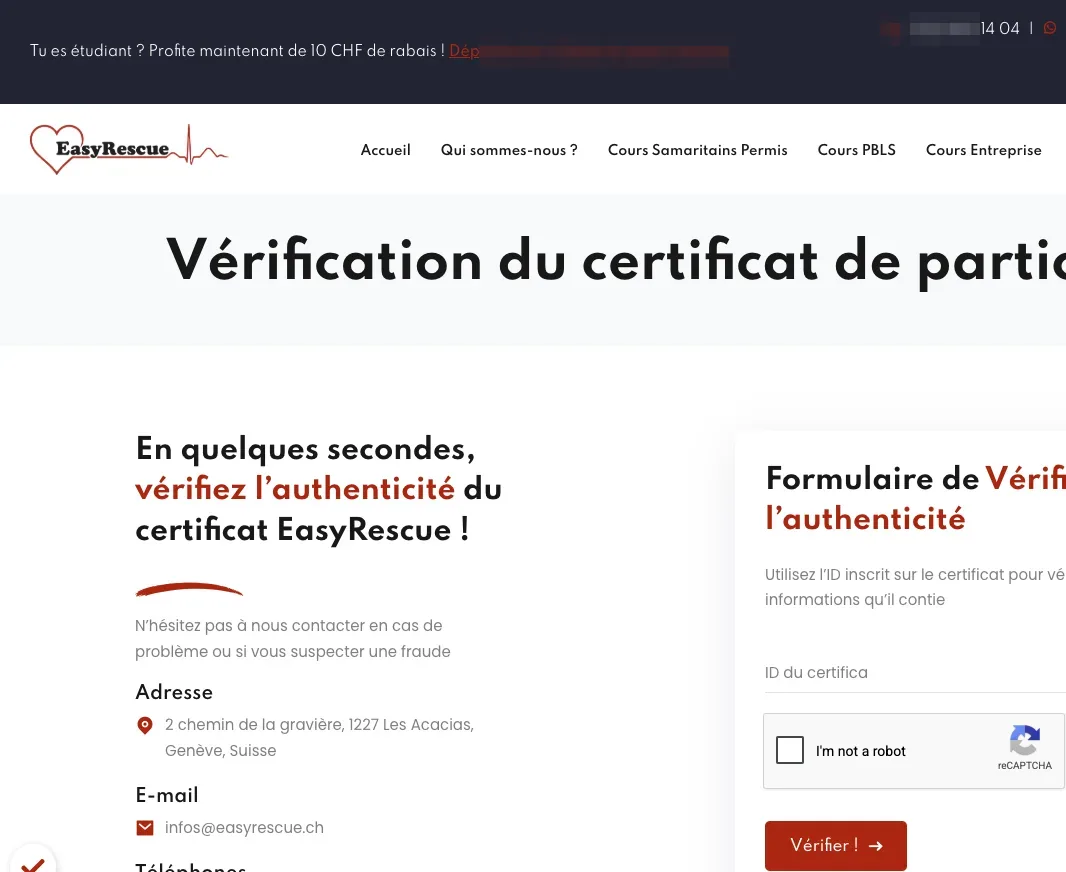 Easy Rescue certificate authenticity verification form