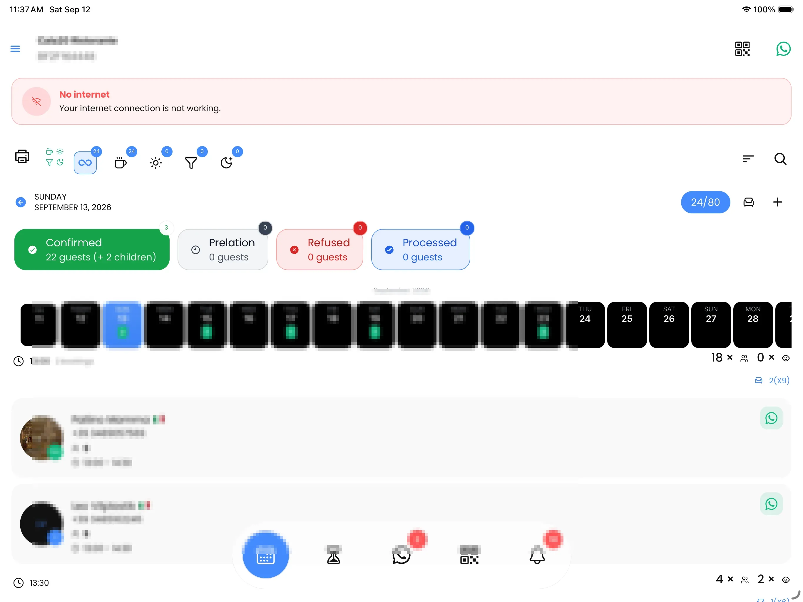 PRO20 tablet admin home — reservations and ops